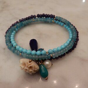 Spiral Blue Beaded Bangle Bracelet